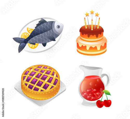 Illustration of food for a festive banquet, cake with candles, pie, whole fish on a plate, cherry punch, realistic in 3d style.