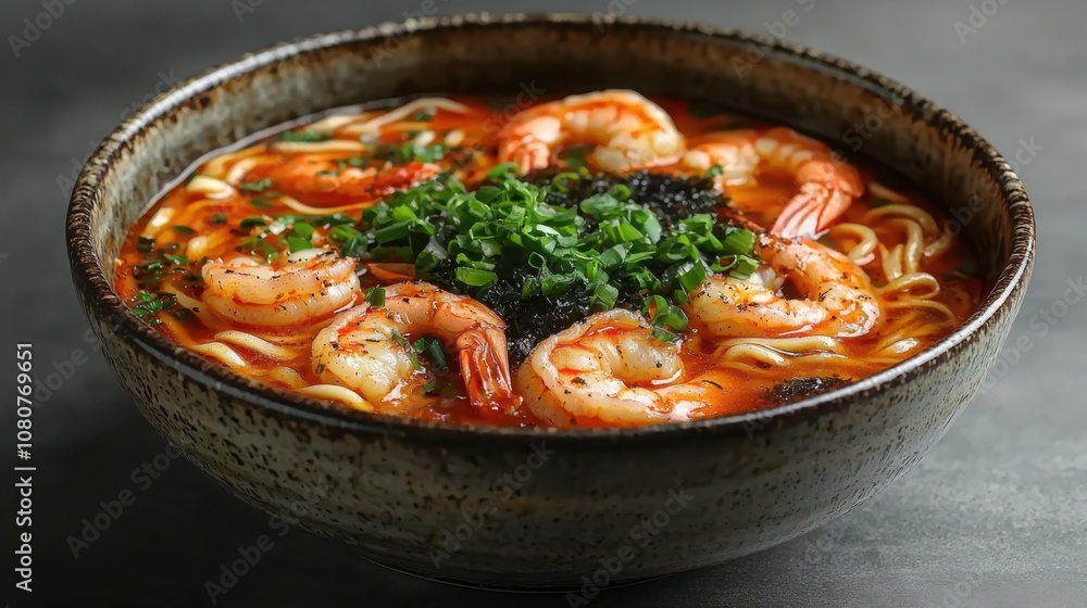 Savor a hot bowl of udon noodles in rich broth topped with crispy tempura shrimp Savor a hot bowl of udon noodles in rich broth topped with crispy tempura shrimp