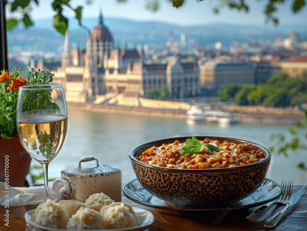 Obraz premium Savor hungarian goulash while enjoying the scenic view of budapest parliament