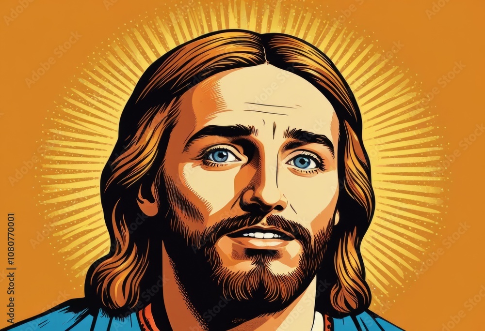 A colorful depiction of a religious figure with long hair and a captivating expression set against a vibrant background A colorful depiction of a religious figure with long hair and a captivating expression set against a vibrant background
