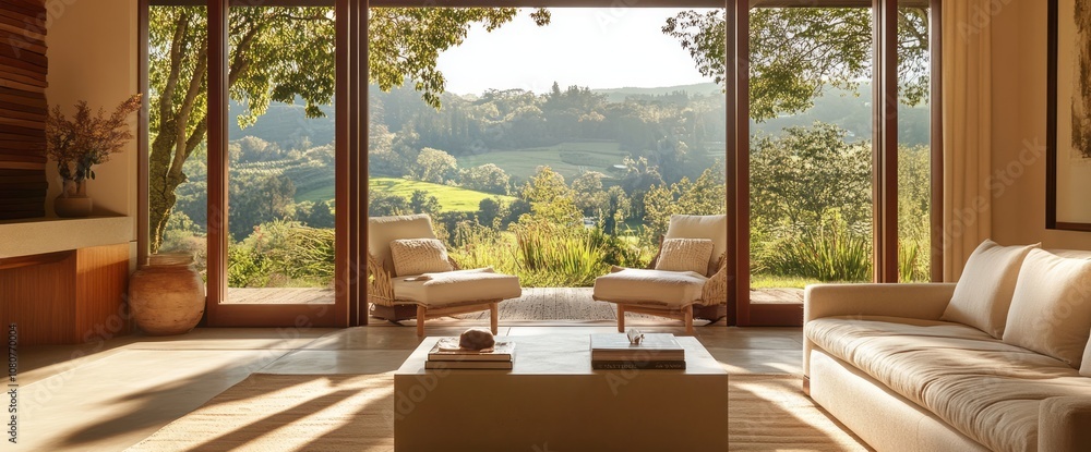 Fototapeta premium Modern Living Room with Panoramic View of Rolling Hills and Lush Greenery
