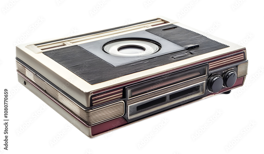 A retro portable cassette player, isolated on a white background A retro portable cassette player, isolated on a white background