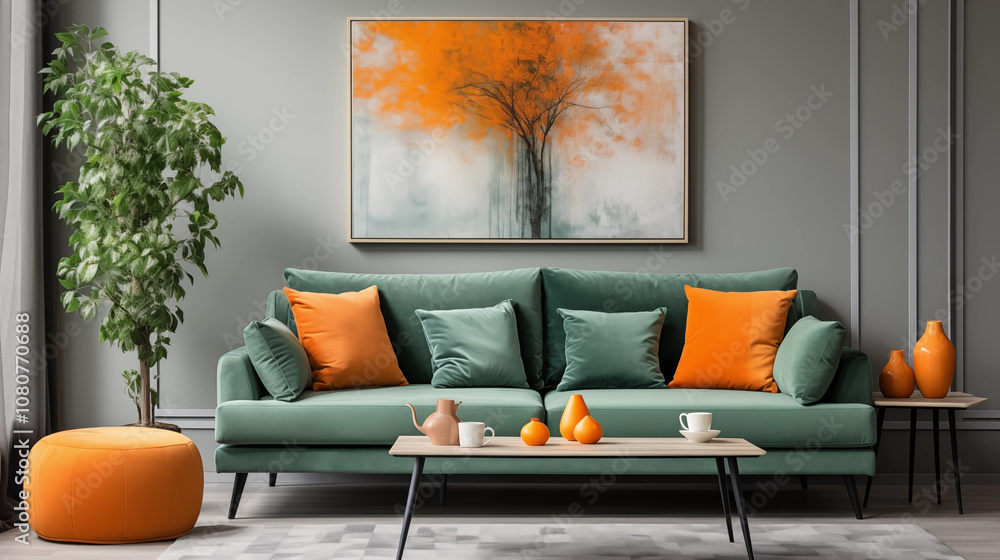 Green Velvet Sofa with Orange Pillows and Abstract Painting in Living Room Green Velvet Sofa with Orange Pillows and Abstract Painting in Living Room