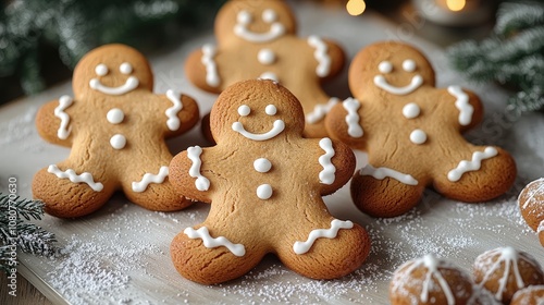 Festive gingerbread cookies with icing on a rustic holiday table setting