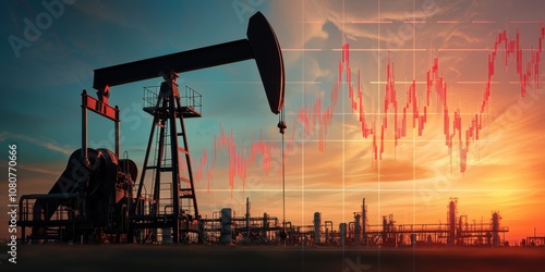 energy stock gas. A silhouette of an oil pump jack against a vibrant sunset, with a stock market graph overlay indicating rising trends, symbolizing the intersection of energy and finance.