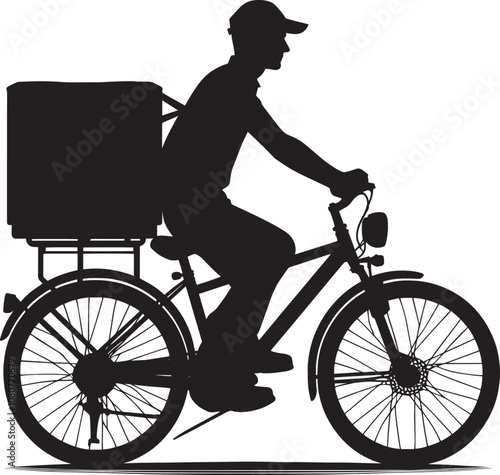 Delivery man on cycle with package silhouette vector illustration on white background