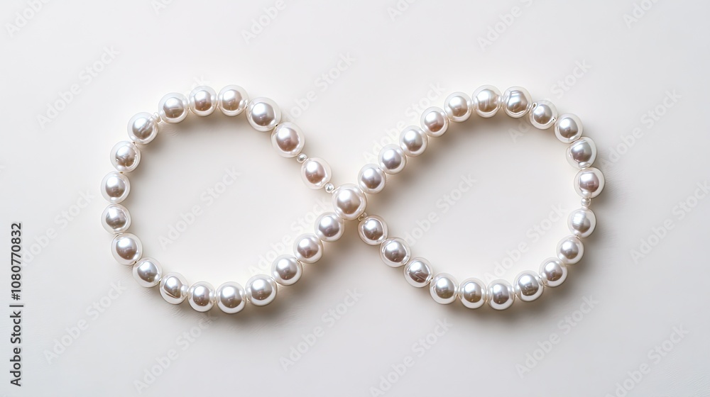 Elegant white pearl necklace elegantly arranged in an infinity shape on a pristine white background Elegant white pearl necklace elegantly arranged in an infinity shape on a pristine white background