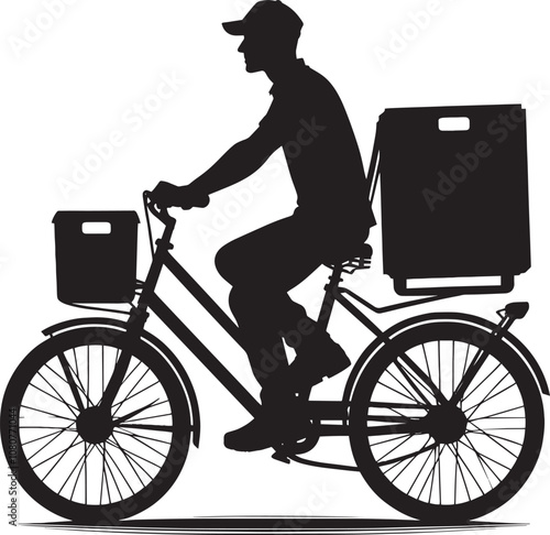 Delivery man on cycle with package silhouette vector illustration on white background