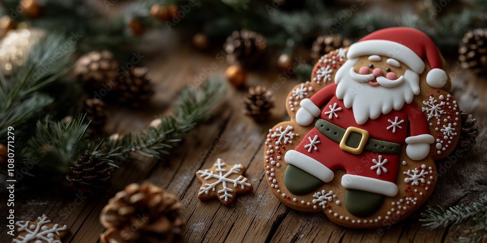Christmas Santa Cookie with Pine Cones and Greenery Christmas Santa Cookie with Pine Cones and Greenery