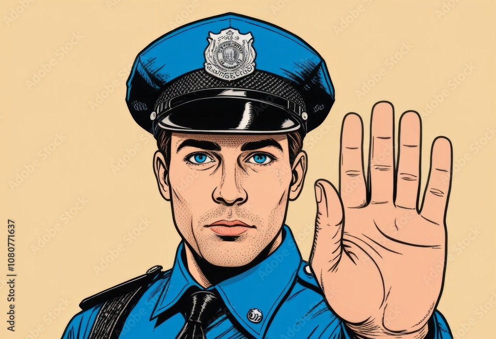 A police officer in uniform signaling to stop during a daytime urban setting, highlighting authority and vigilance A police officer in uniform signaling to stop during a daytime urban setting, highlighting authority and vigilance