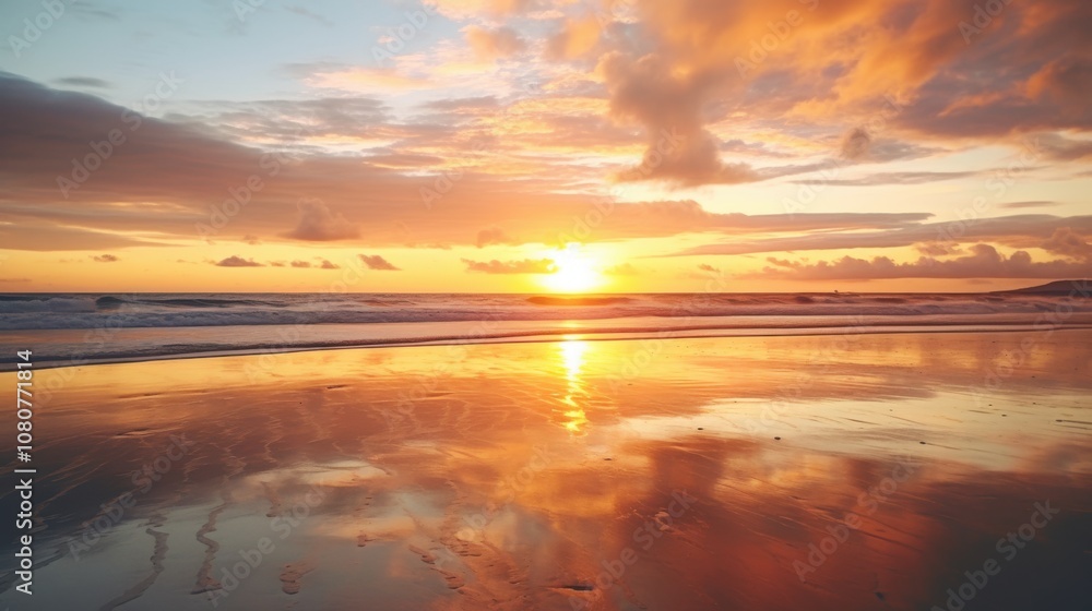 Breathtaking sunset reflected on a tranquil beach.
