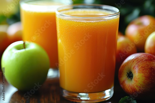 A simple tumbler of apple juice rests on a white background, showcasing its rich golden hue, with a blurred green apple nearby.