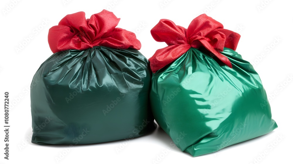 A red bag full of wrapped gifts, green and pink gift boxes, isolated on a white background A red bag full of wrapped gifts, green and pink gift boxes, isolated on a white background