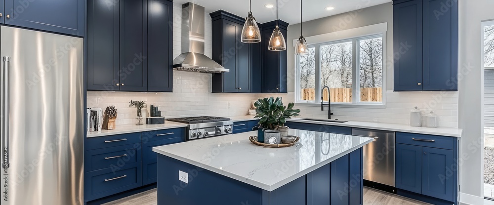 Modern Kitchen with Navy Blue Cabinets and White Quartz Countertops