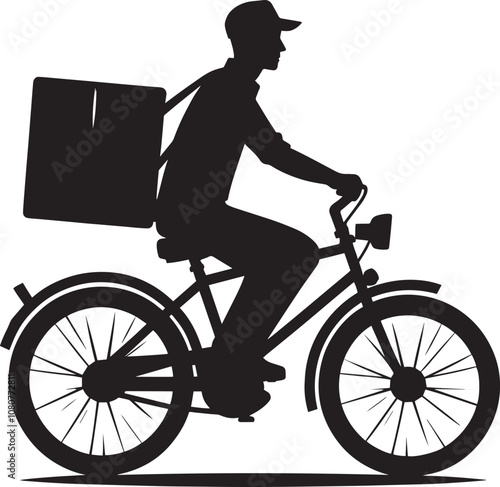 Delivery man on cycle with package silhouette vector illustration on white background