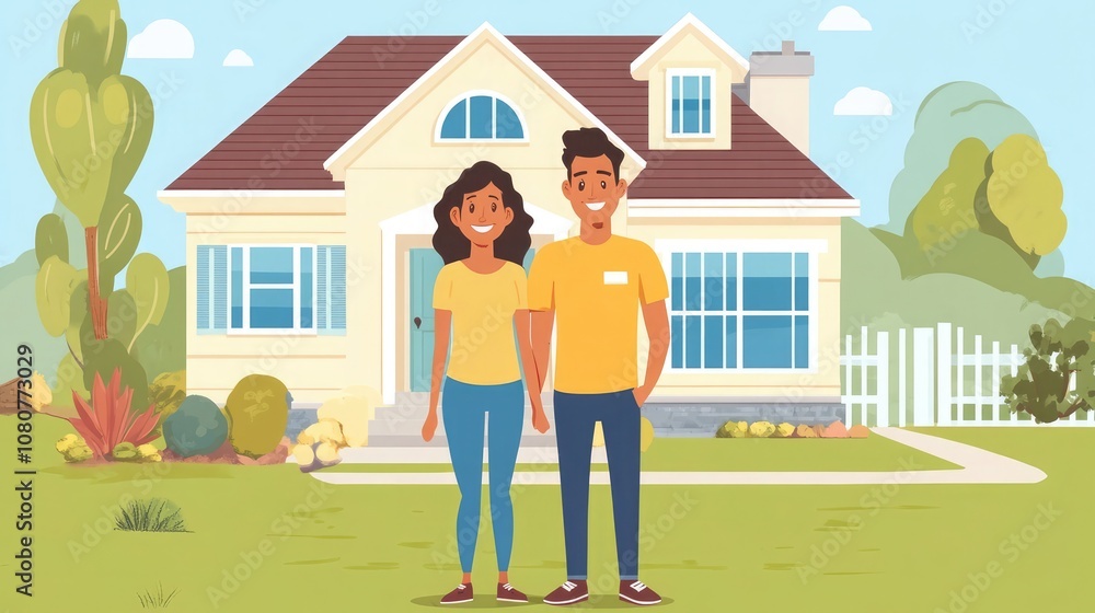 A young couple stands in front of their new home, smiling happily. A young couple stands in front of their new home, smiling happily.