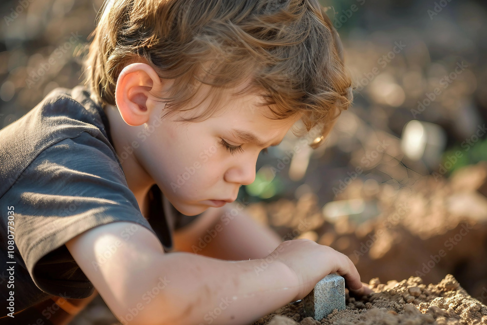 Generative AI portrait of small boy in cemetery grief and respect for dead person Generative AI portrait of small boy in cemetery grief and respect for dead person