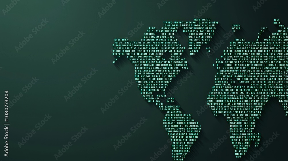 Fototapeta premium A digital world map composed of binary code, representing the fusion of technology and global connectivity.