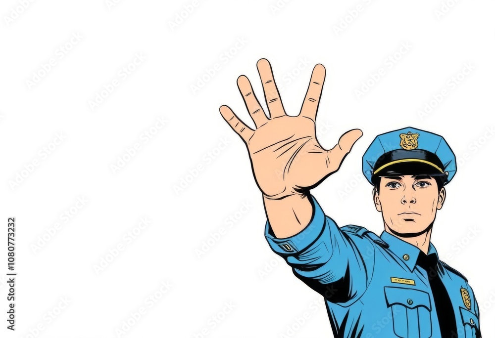 A police officer signals to stop while directing traffic at an intersection in a bustling urban area during a sunny afternoon A police officer signals to stop while directing traffic at an intersection in a bustling urban area during a sunny afternoon