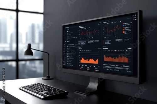 A modern workspace featuring a dark-themed computer monitor displaying data visualizations, alongside a keyboard and desk lamp.