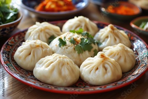 Dumplings served on decorative plate, variety of fillings, garnished with cilantro, vibrant colors, traditional cuisine