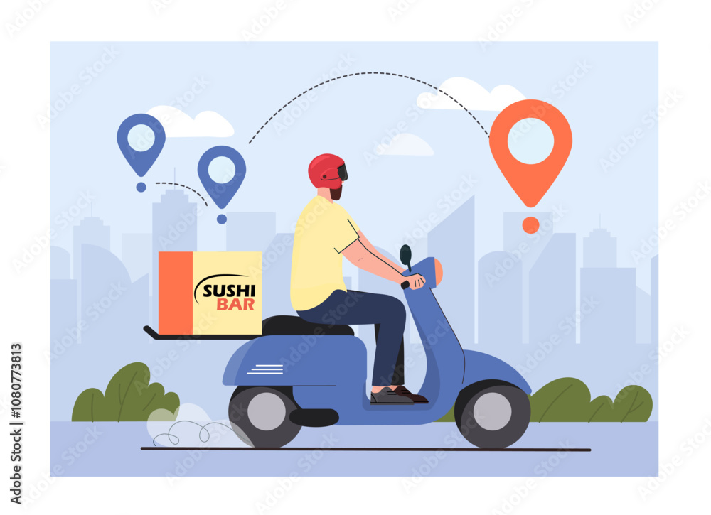 Sushi delivery concept. Man rides scooter with box of food. Online shopping and home delivery. Fast food and takeaway eating. Flat vector illustration isolated on white background Sushi delivery concept. Man rides scooter with box of food. Online shopping and home delivery. Fast food and takeaway eating. Flat vector illustration isolated on white background