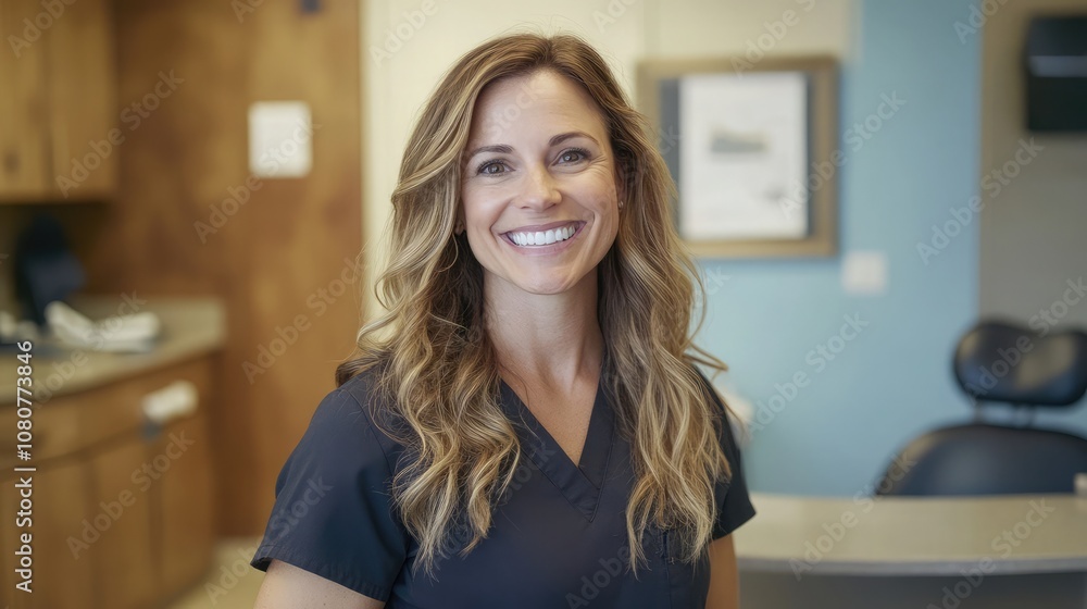 A woman with long blonde hair smiles warmly, wearing a dark blue medical scrub top. A woman with long blonde hair smiles warmly, wearing a dark blue medical scrub top.