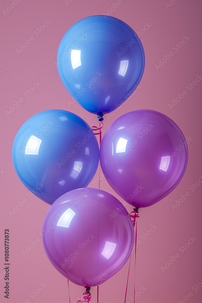 Colorful blue and purple balloons on pink background, birthday celebrating background. Generative AI Colorful blue and purple balloons on pink background, birthday celebrating background. Generative AI