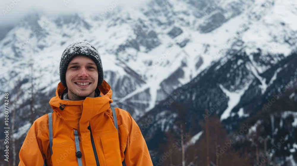 Portrait of young happy snowboarder dressed in an orange snowboard suit smiles into camera standing on a mountain peak Portrait of young happy snowboarder dressed in an orange snowboard suit smiles into camera standing on a mountain peak