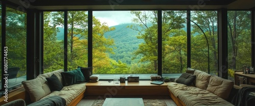 A Cozy Corner with a View of a Green Forest from a Large Window photo