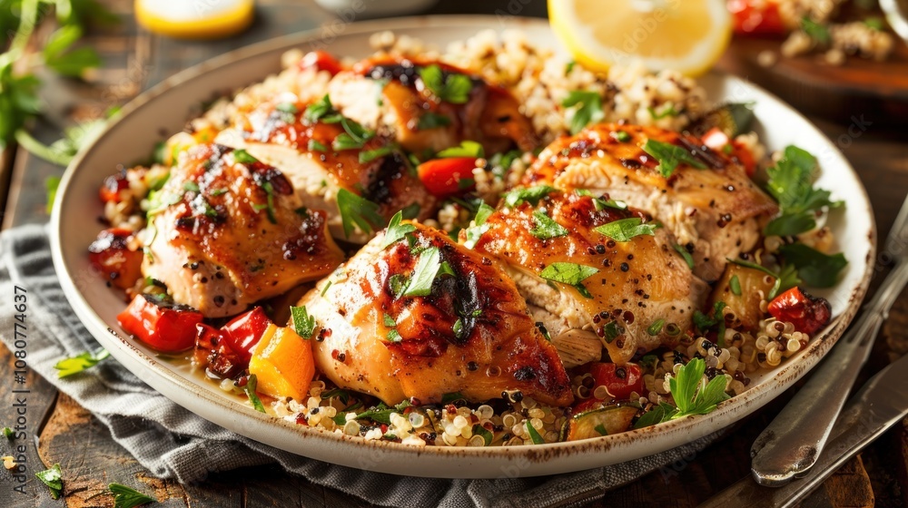 A plate of roasted chicken with quinoa, bell peppers, zucchini, and lemon wedges. A plate of roasted chicken with quinoa, bell peppers, zucchini, and lemon wedges.