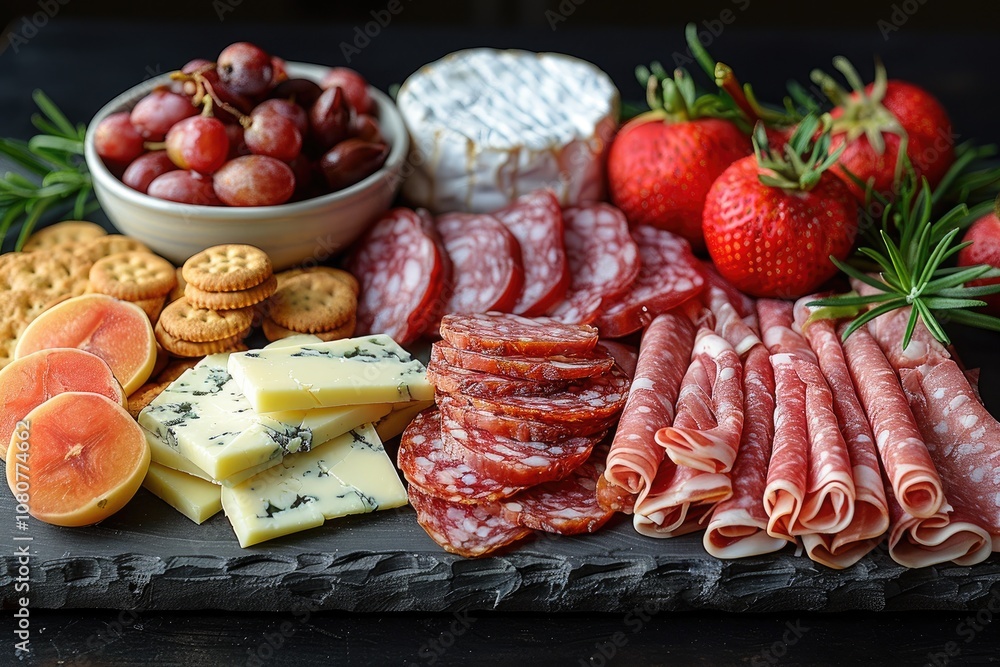 A Slate Serving Board of Salami, Prosciutto, Cheese, Grapes, and Strawberries A Slate Serving Board of Salami, Prosciutto, Cheese, Grapes, and Strawberries