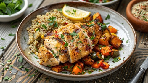 Grilled chicken breast with quinoa and roasted vegetables.