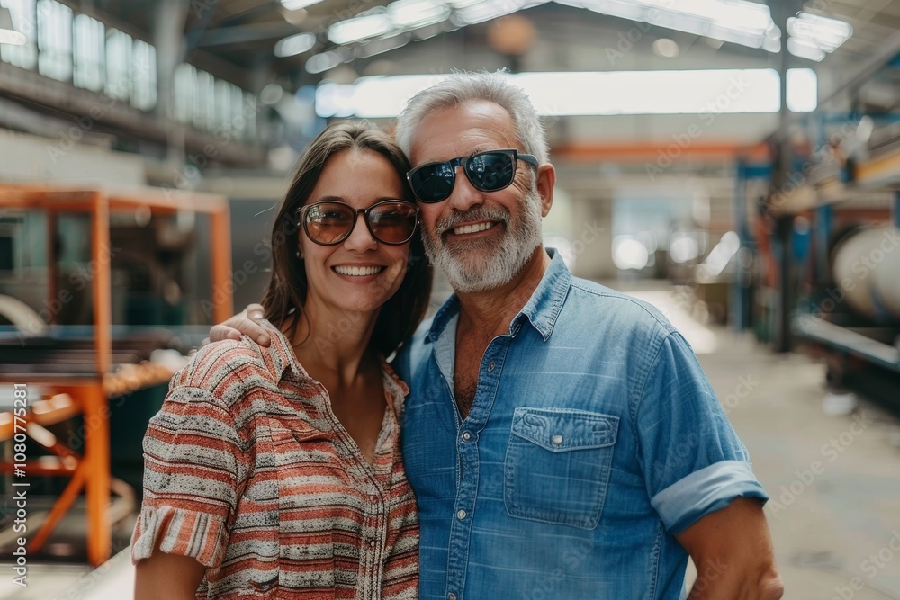 Portrait of a happy couple in their 40s wearing a trendy sunglasses isolated on bustling factory floor Portrait of a happy couple in their 40s wearing a trendy sunglasses isolated on bustling factory floor