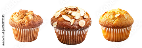 Almond muffin or apple cinnamon cupcake topped with crunchy nuts pieces isolated on white transparent background photo