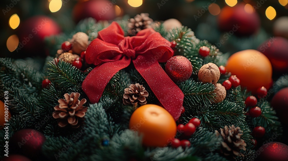Festive holiday wreath with red bow, ornaments, and pine cones