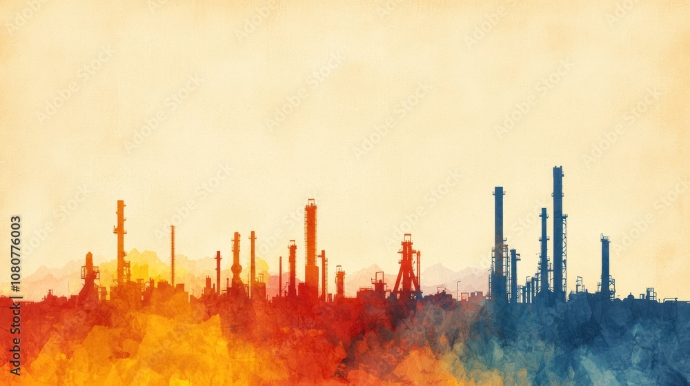 Obraz premium A colorful silhouette of industrial structures against a gradient backdrop, highlighting the interplay of sunset hues with the stark outlines of a refinery.