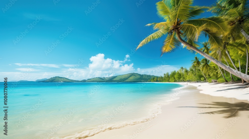 Pristine white sand beach and crystal-clear turquoise water in tropical paradise. Pristine white sand beach and crystal-clear turquoise water in tropical paradise.
