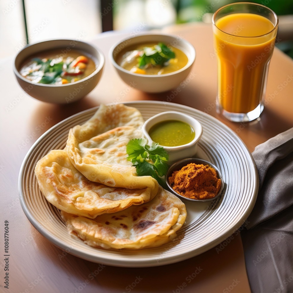 A Vibrant Spread of Fresh Roti Canai with Curry, Paired with Freshly Squeezed Juice and Garnishes, Captured in Soft Natural Light on a Minimalist Table Setting A Vibrant Spread of Fresh Roti Canai with Curry, Paired with Freshly Squeezed Juice and Garnishes, Captured in Soft Natural Light on a Minimalist Table Setting