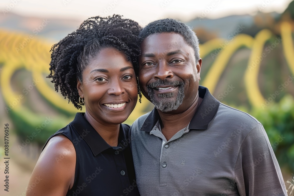 Portrait of a glad afro-american couple in their 40s wearing a sporty polo shirt in backdrop of rolling vineyards Portrait of a glad afro-american couple in their 40s wearing a sporty polo shirt in backdrop of rolling vineyards