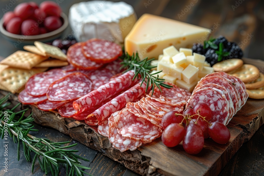 Gourmet Cheese and Salami Platter with Grapes and Crackers Gourmet Cheese and Salami Platter with Grapes and Crackers