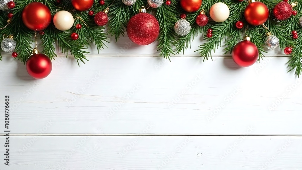 Festive holiday arrangement, white wooden background Festive holiday arrangement, white wooden background