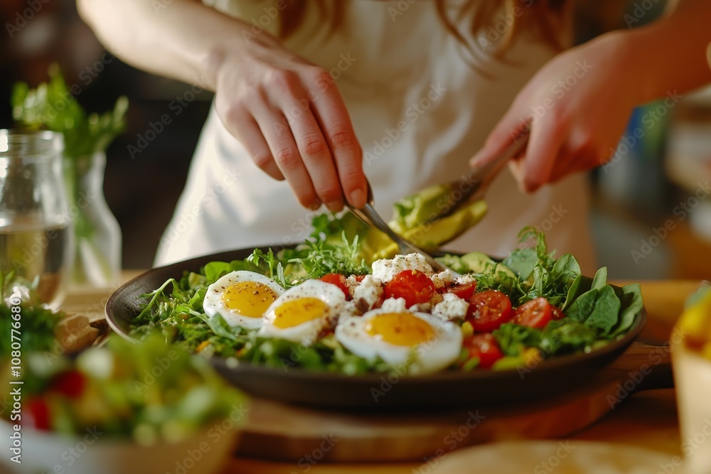 Freshly prepared salad with poached eggs, cherry tomatoes, and greens in a cozy kitchen at brunch time Freshly prepared salad with poached eggs, cherry tomatoes, and greens in a cozy kitchen at brunch time