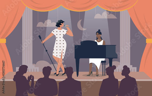 Woman sing in theater. Young girl performs on stage with microphone. Vocalist and pianist on stage. Theater, concert and opera. Cultural recreation and leisure. Flat vector illustration