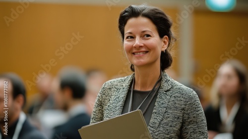 A woman is smiling and holding a clipboard photo