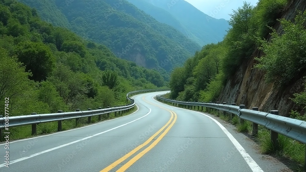 Winding road in mountainous region, asphalt, metal guardrails Winding road in mountainous region, asphalt, metal guardrails