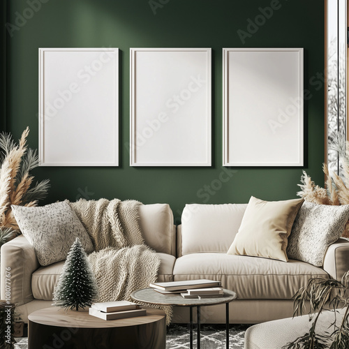 Modern Living Room with Three Blank Frames on Green Wall photo