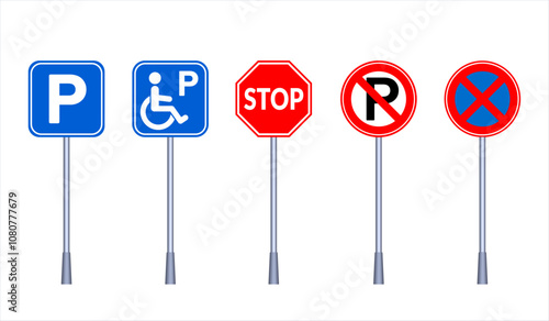 Parking traffic and disabled parking sign. Reserved parking. No parking sign. Absolutely no stopping  road sign. The icon stopping vehicles is prohibited. Red Stop Sign