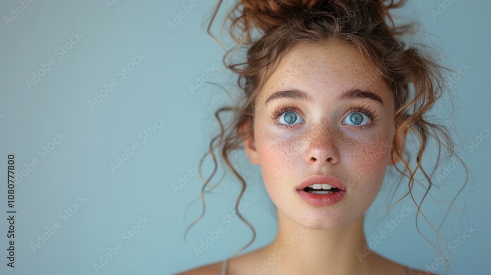 Curiosity fills the air as a girl with beautiful curly hair and captivating blue eyes looks up with an expression of surprise and engagement Curiosity fills the air as a girl with beautiful curly hair and captivating blue eyes looks up with an expression of surprise and engagement