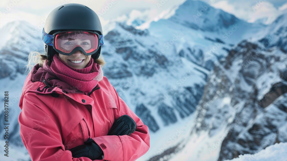 Winter sport. Female snowboarder dressed in an pink snowboard suit smiles into camera standing on peak of mountain. Copy paste empty place for text Winter sport. Female snowboarder dressed in an pink snowboard suit smiles into camera standing on peak of mountain. Copy paste empty place for text
